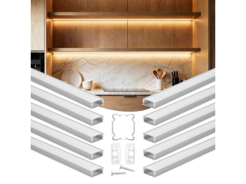U Shape LED Aluminum Channel - 3.3 ft. with Cover - End Caps & Mounting Clips for LED Strip Light Installations - Milky - Pack of 10