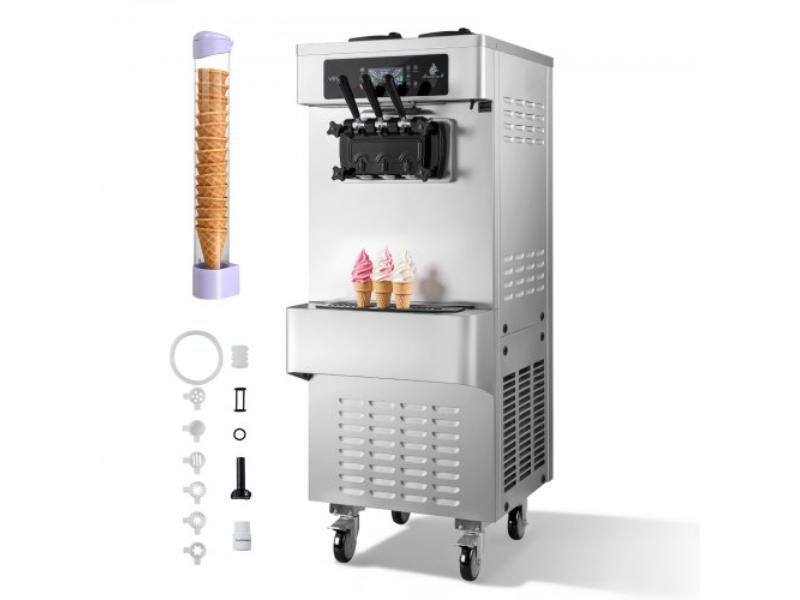 Commercial Ice Cream Machine - 20-28 L-H Yield - 2200W 3-Flavor Freestanding Soft Serve Maker with 2 x 6L Hoppers & Built-In Puffing Pump