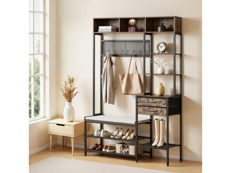 Hall Tree - 70.9 in. Coat Rack with Shoe Bench & 2 Drawers - 3-in-1 Storage Organizer - Bookshelf & Wire Shelf for Entryway, Bedroom & Closet