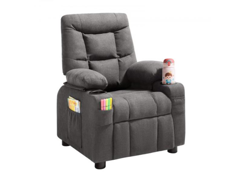 ETTY282634INOOTW3001V0 Kids Recliner Chair - Toddler Lounger with Cup Holders & Pockets - 107 Deg to 126 Deg Adjustable Back for Boys & Girls - Gray