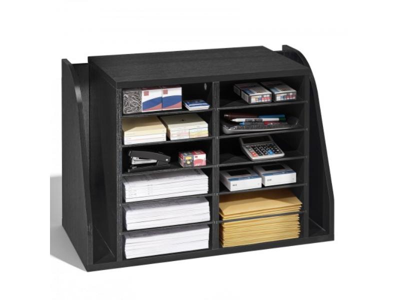 Literature Organizer - 12-Compartment Office Mailbox - Side Vertical Storage - Wooden Particle Board for Files, Documents & Paper - Black