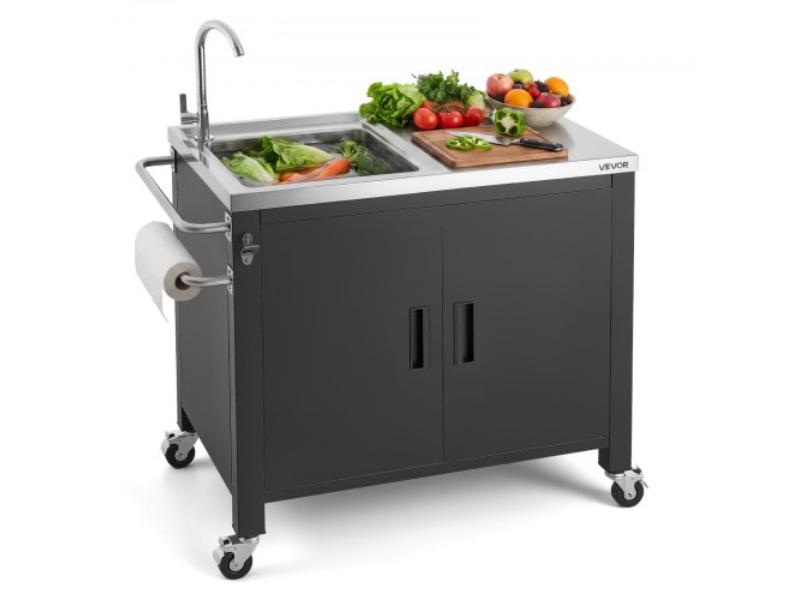 Outdoor Grill Cart with Sink & Storage Cabinet - 38 in. Grill Table - Waterproof Kitchen Island - Movable Food Prep Station for Patio & Backyard BBQ