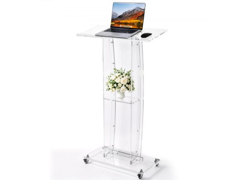 Podium Stand - 47 in. Acrylic Lectern Mobile Laptop Desk with Storage Shelf for Schools - Churches & Events - Clear Portable Presentation Lectern