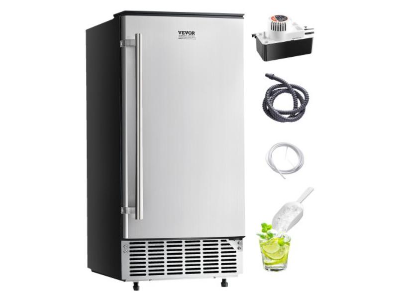 Undercounter Built-in Ice Maker - 80 lbs Day - Reversible Door - Stainless Steel - Freestanding for Commercial & Home Kitchen - Electric Drainage