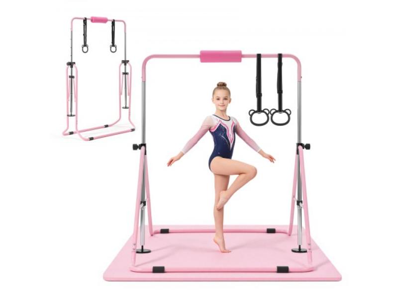 Gymnastic Bars for Kids - 140 lbs Capacity Folding Training Kip Bar with Mat - Adjustable Height for Home Indoor & Outdoor Training - Pink