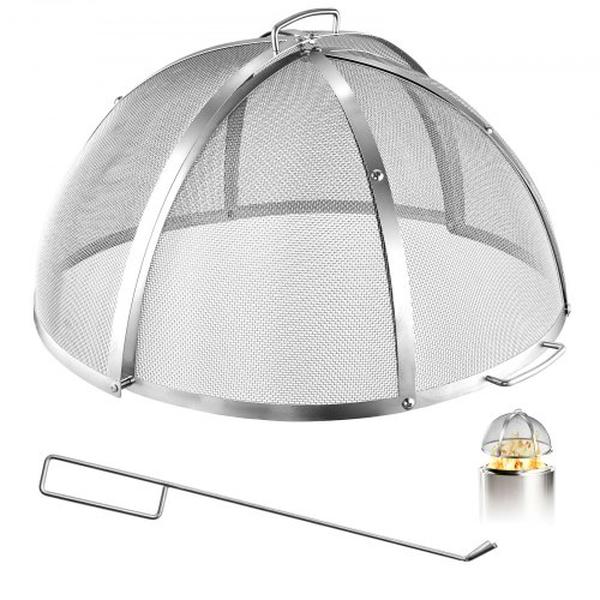 Fire Pit Spark Screen, 26 in. Dome Stainless Steel Mesh Cover Lid with Handles & Poker, High Temperature Resistant Spark Guard, Silver