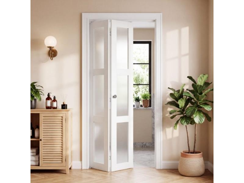 Bifold Closet Doors 2-Panel - 30 x 80 in. - 3-Lite Frosted Glass - Metal Hardware Kit - Composite Frame - Modern for Closets & Bedrooms
