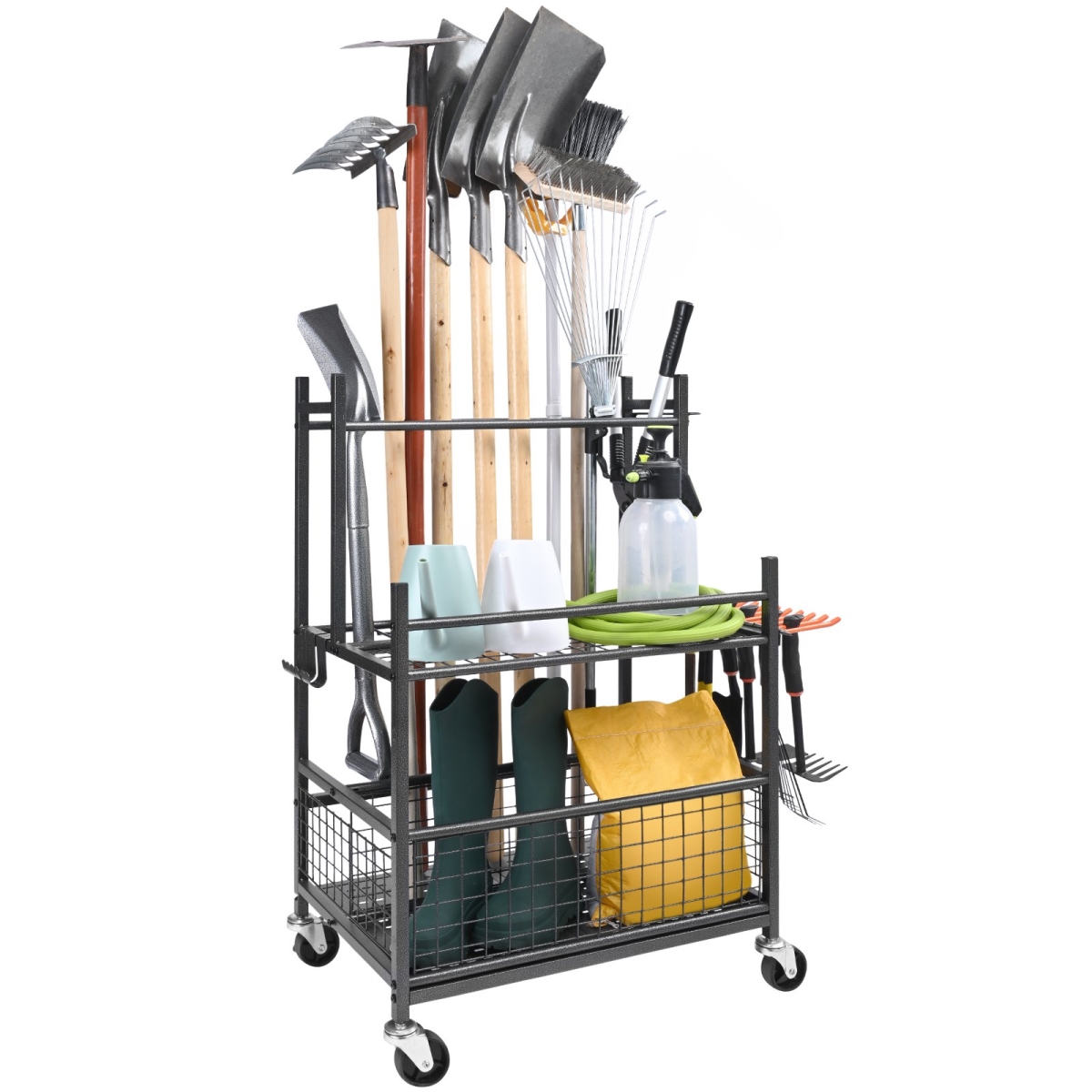 Garden Tool Storage Rack with Wheels Garage Organizer 16 Slots with Hooks