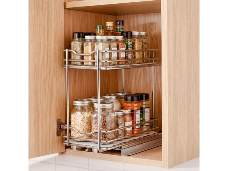 Silver Pull Out Spice Rack Organizer - 2 Tier Slide Out Heavy Duty Metal Kitchen Basket for Cabinets & Pantry - 4.33 x 8.46 x 10.43 in.