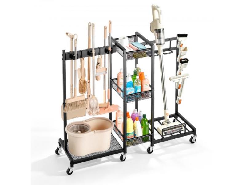 CKGJSNJDXJSJW95MA001V0 Broom Holder & Cleaning Supplies Organizer - Metal Garage Storage Cart - Mop Hanger - Heavy-Duty Steel - Wheels - Black