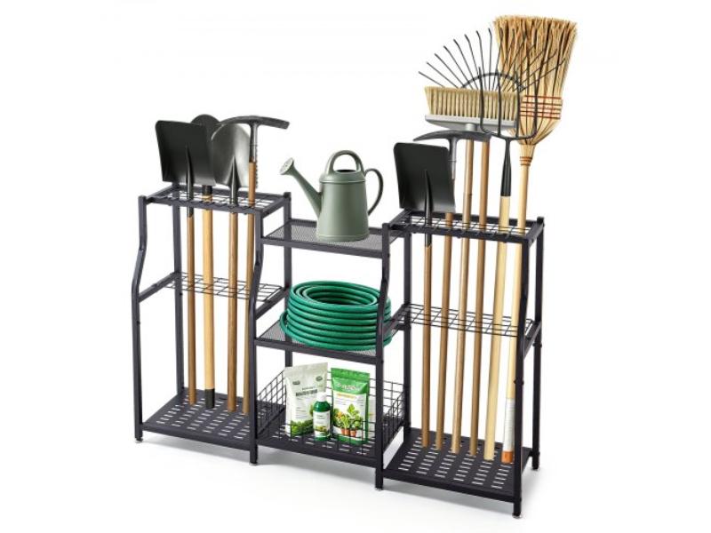 Garden Tool Organizer - 3-Tier High-Capacity Metal Storage Rack for Rakes-Shovels-Brooms - Yard Tool Holder for Shed-Outdoor, Black