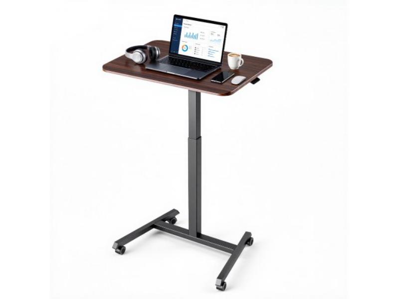 Adjustable Height Mobile Stand-Up Desk - 25.6 x 19 in. Rolling Computer Workstation - Hook - 33 lbs Desktop Capacity for Home Office - Brown & Black