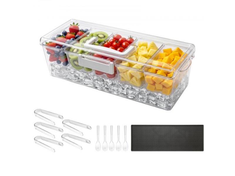 Chilled Condiment Server Caddy - 5 Compartment Ice Cooled Serving Container with Lid for Taco Salad Bar Accessories - Party & Home Supplies