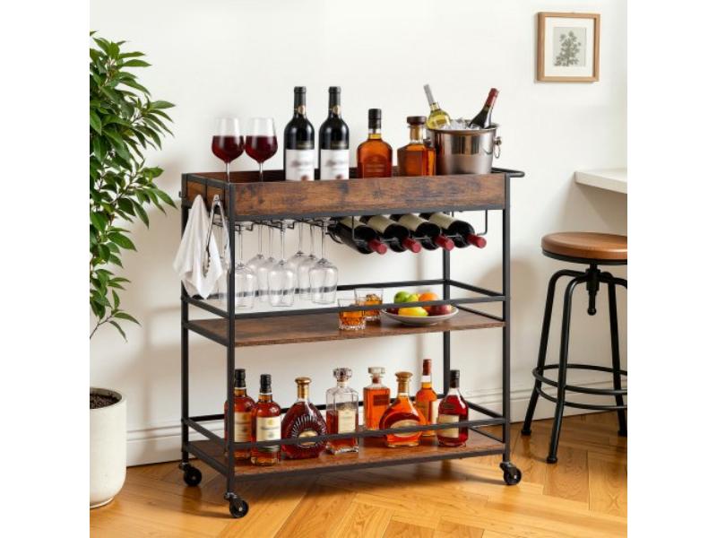 VEVOR Bar Cart, 3 Tiers Home Kitchen Serving Carts, Industrial Rolling Utility Station on Wheel, Mobile Drink Beverage Shelf with Wine Rack & Glass...