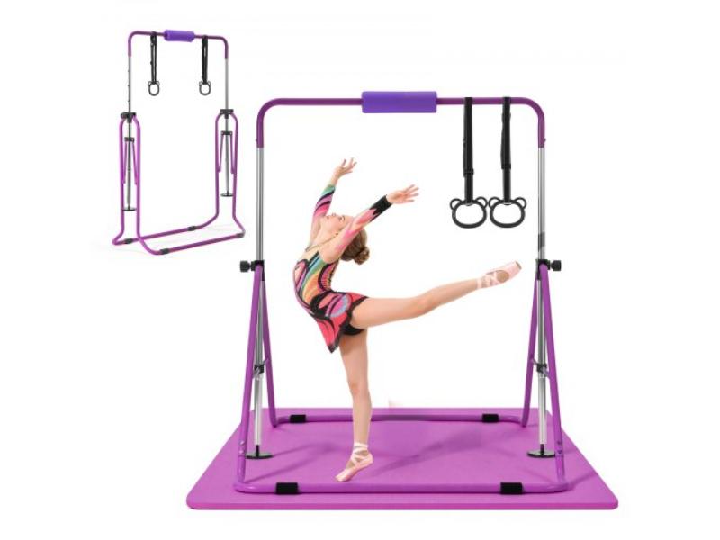 Gymnastic Bars for Kids - 140 lbs Capacity Folding Training Kip Bar with Mat - Adjustable Height for Home Indoor & Outdoor Training - Purple