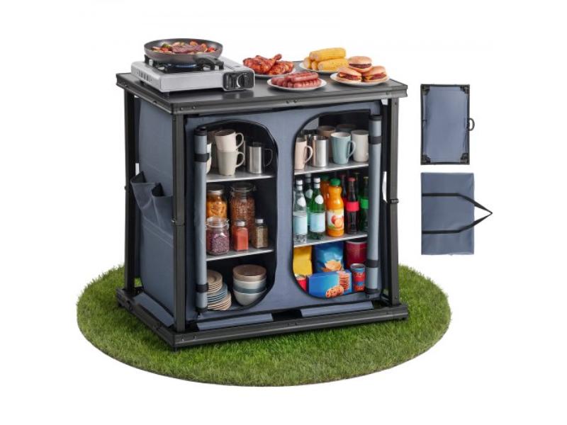 Folding Camping Storage Cabinet - Portable Aluminum Table - Quick Set-up Kitchen Cook Station with 6 Shelves for Picnic - BBQ - Camping & RV