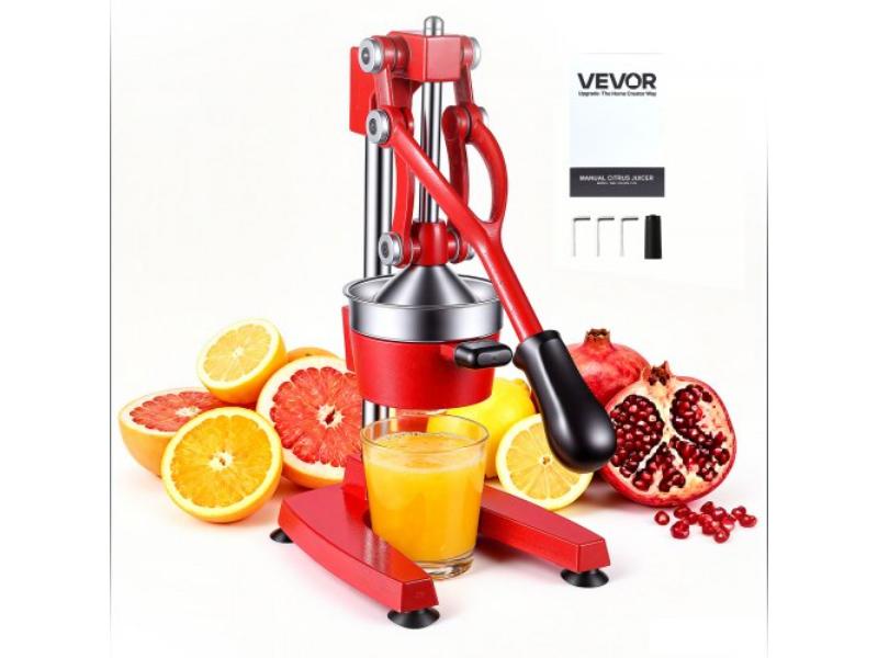 Manual Citrus Juicer - 15 in. Tall Hand Press Orange Juicer - Heavy-Duty Cast Iron - Easy to Clean - Home & Commercial Use - Red