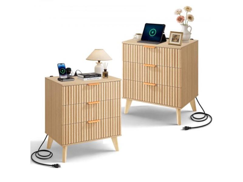 Fluted Nightstand with Charging Station - 3 Drawers - Mid Century Modern End Table - Bedside Cabinet for Bedroom & Living Room - Khaki - Pack of 2