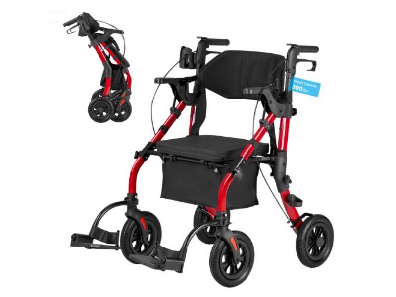 2-in-1 Rollator Walker & Transport Chair for Seniors - Foldable Rolling Walker Wheelchair & Lightweight Aluminum Mobility Aid - Supports 300 lbs