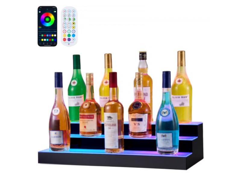 LED Lighted Liquor Bottle Display - 3 Tiers - 24 in. - USB - Acrylic Home Bar Shelf with RF Remote & App Control - 9 Colors for 18-24 Bottles