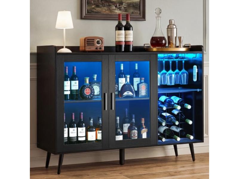 Wine Cabinet - Coffee Bar with 9 Wine Bottle Racks - Modern Buffet Sideboard - Adjustable LED Brightness for Home Kitchen - Black Wood Grain