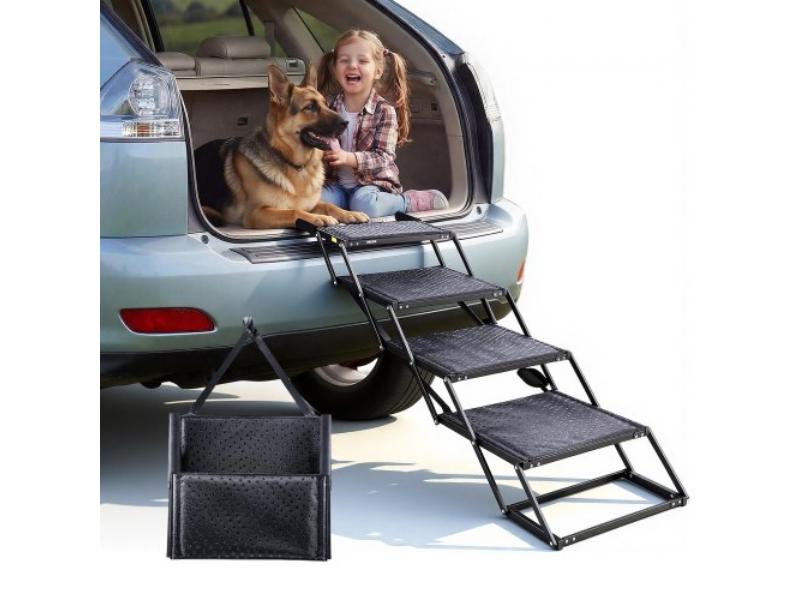 Dog Stairs for Car - 4-Step Extra-Wide Foldable Pet Ramp - Non-Slip Surface - Lightweight Portable Ladder for Large Dogs - Supports up to 250 lbs