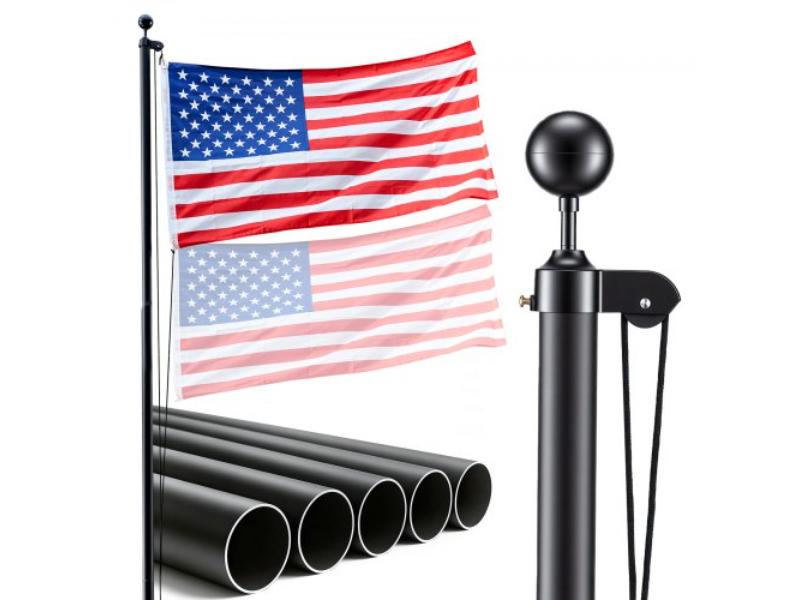 QGTJ16FTMGGQQEFT6001V0 16 ft. Heavy Duty Sectional Flagpole Kit for In Ground Use - Extra Thick Aluminum with 3x5 American Flag, Black