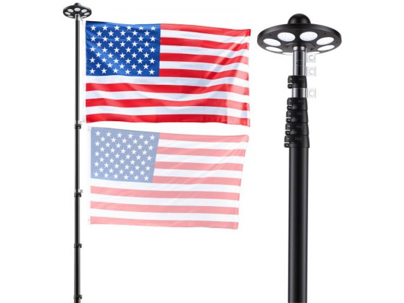 20 ft. Heavy Duty Telescopic Flagpole Kit with 136 LED Solar Light for Outside House - Outdoor Aluminum Flagpole with 3x5 American Flag, Black