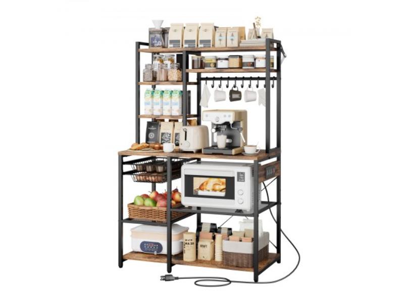 Vintage Brown Wood & Black Kitchen Bakers Rack - 5 ft. Power Cable with Power Outlet - X-Shaped Support Bar - 10 S-Shaped Hooks - Coffee Bar Stand
