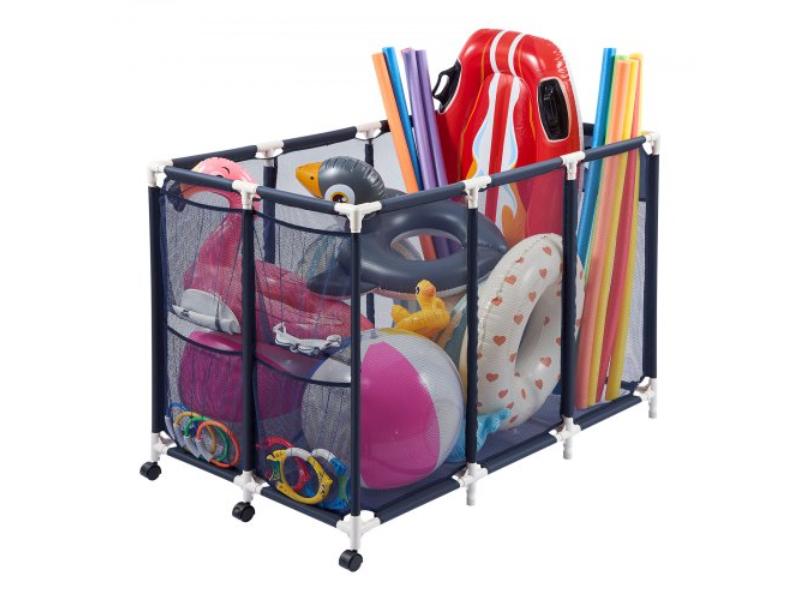Pool Storage Bin - 47.2 x 30.2 x 34 in. - Rolling Float Organizer - Side Pockets & Casters - Heavy-Duty Plastic Frame - Mesh Basket - White