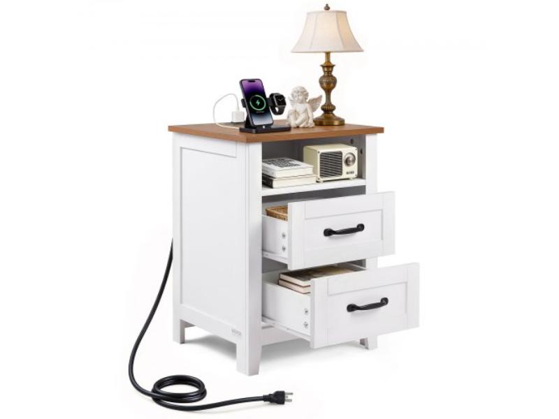 Farmhouse Nightstand with Charging Station - End Table with 2 Drawers & Open Shelf - Bedside Storage Cabinet for Bedroom & Living Room - White