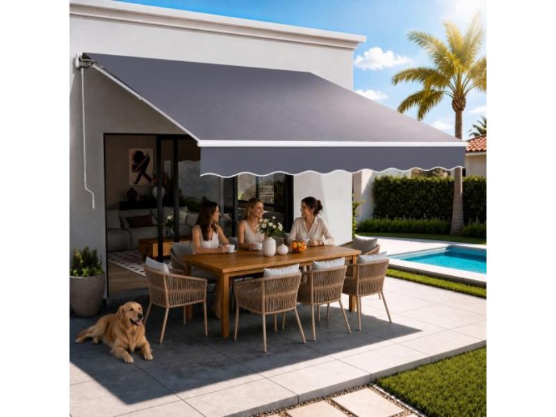 Manual Retractable Awning - 11.5 x 9.8 ft. Patio Sun Shade - Water-Resistant Polyester - Crank Handle for Deck, Balcony & Yard - Dark Gray