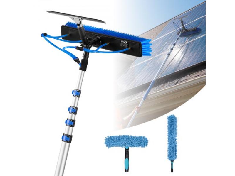 Solar Panel Cleaning Kit - 26 ft. Water Fed Pole with Brush - Squeegee - Soap Dispenser - Extendable Aluminum Pole - 180 Deg Rotatable Brush Head