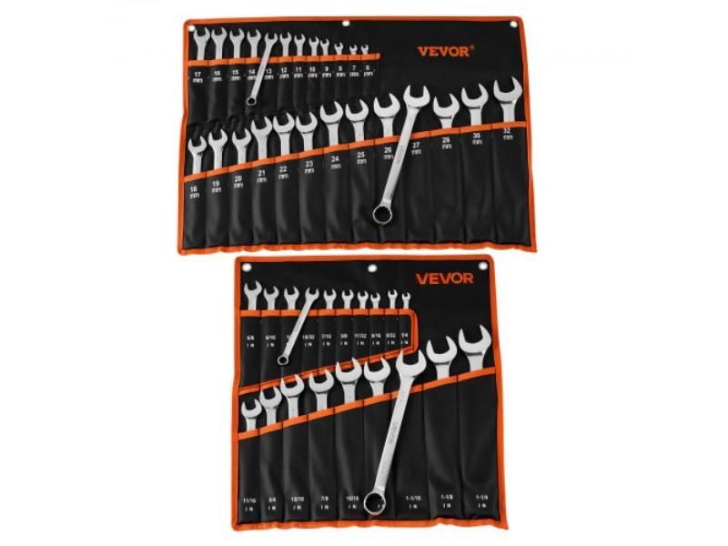 Combination Wrench Set SAE & Metric - 12-Point Box End & 15 Deg Angled Open End Wrenches for General Household & Automotive Repairs - Pack of 44