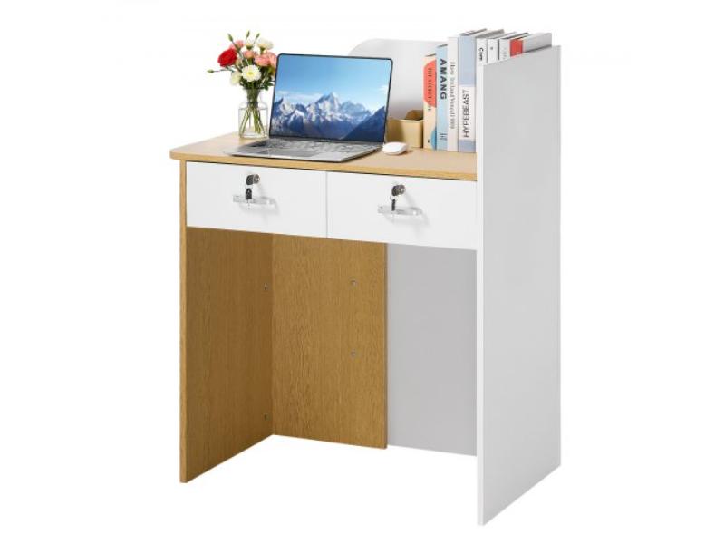 YBQTBSMSJXDLHVT0N001V9 Reception Desk - 31.5 in. Rectangular Front Counter Table - Modern Office Desk with LED Light - 2 Drawers & Power Outlets