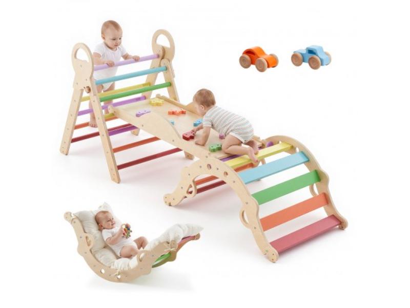 Pikler Triangle Set - 9-in-1 Toddler Climbing Toys Indoor - 150 lbs Load - Foldable Montessori Climbing Set for Toddlers & Kids - Rainbow