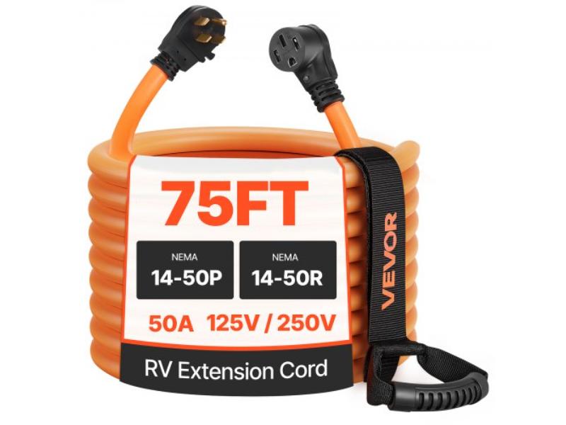 RV Extension Cord - 50A 75 ft. - 125V 7500W Heavy Duty 6-3 Plus 8-1 Gauge STW - NEMA 14-50P to NEMA 14-50R with Power Indicator & Cord Organizer