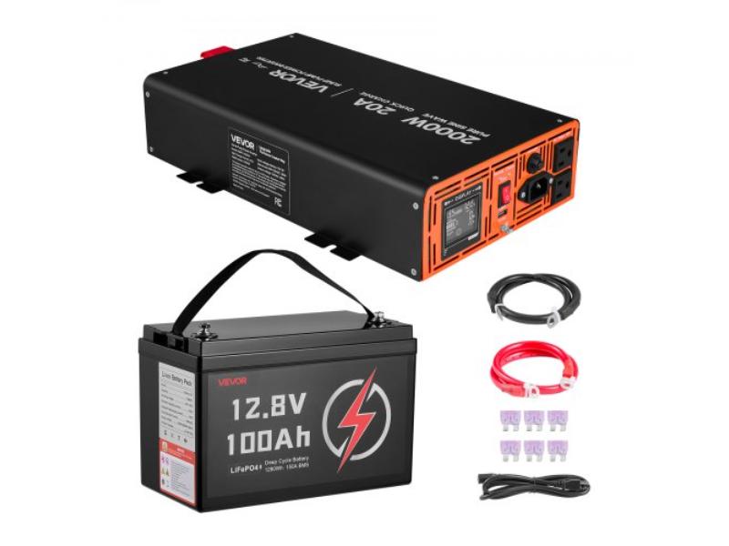 Sump Pump Battery Bundle - 2000W Backup System with 100 Ah LiFePO4 Battery - Auto Switches to Inverter for Sump Pump - Pure Sine Wave - LCD Display