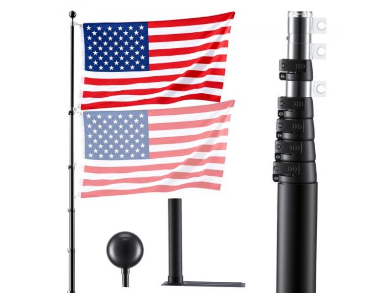 20 ft. Heavy Duty Telescopic Flagpole Kit with Mounting Base for Vehicles - Extra Thick Aluminum Flagpole with 3x5 American Flag, Black