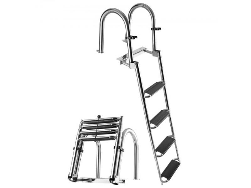Boat Ladder - 4 Steps Stainless Steel Telescoping Folding Swim Deck Ladder for Rear Entry - 600 lbs Capacity with Anti-Slip Steps & Handrails