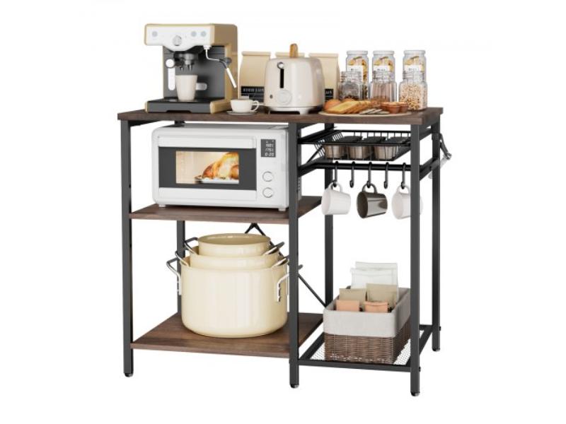 Walnut Wood & Black Kitchen Bakers Rack - 35.4 in. Width with X-Shaped Support Bar - 5 S-Shaped Hooks - Multi-Layer Storage Shelf - Coffee Bar Stand