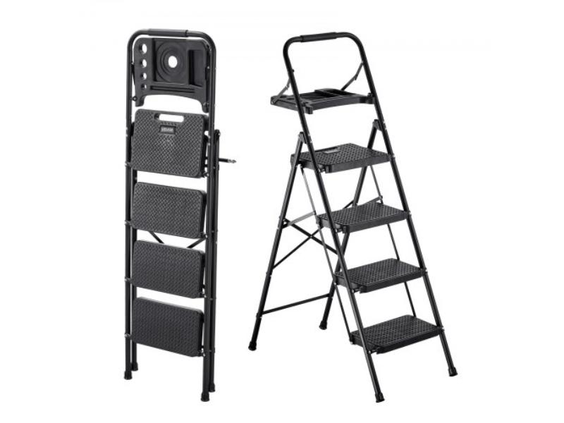 Folding Step Ladder - 4-Step Stool - Wide Anti-Slip Steps - Tool Tray - Comfort Handgrip - 600 lbs Capacity for Kitchen, Home & Office - Black