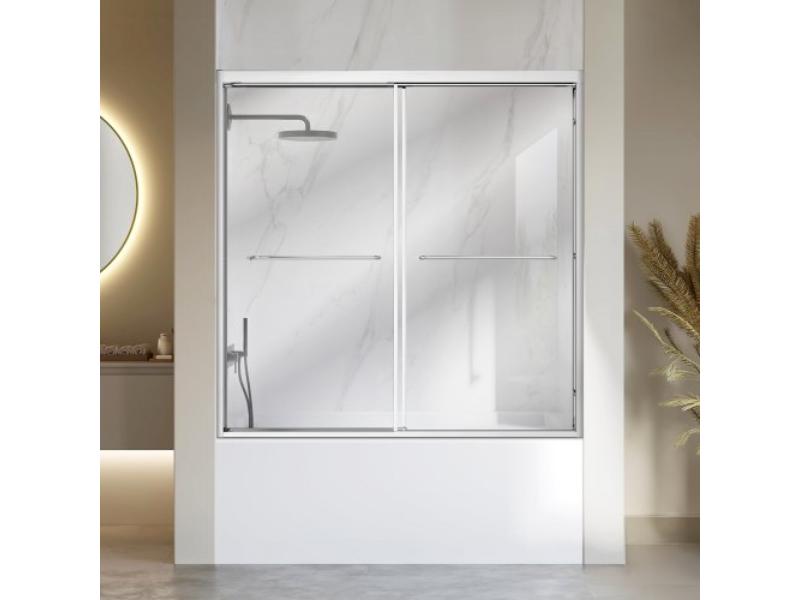60 x 60 in. Bathtub Shower Door - Semi-Frameless Bypass Sliding Doors - 0.25 in. Clear Tempered Glass - Aluminum Slim Frame - Bright Silver