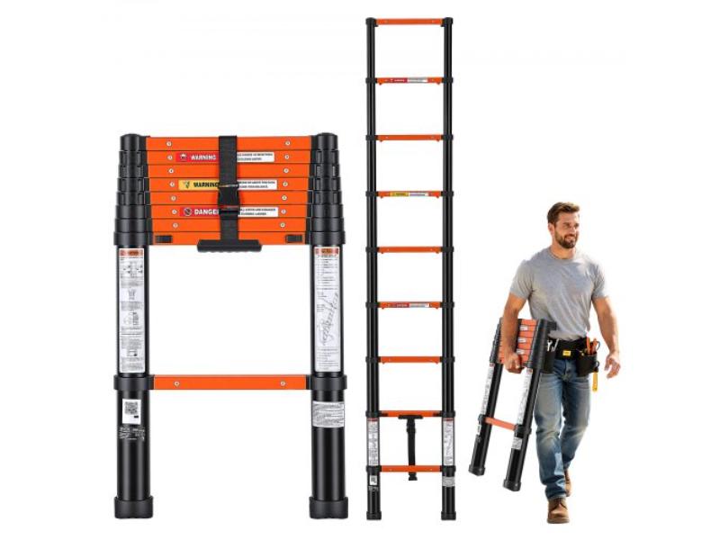 Telescoping Ladder - 8.5 ft. Extension Ladder - One-Button Retraction - Heavy-Duty 330 lbs Capacity for Home Repairs & RV - Orange & Black