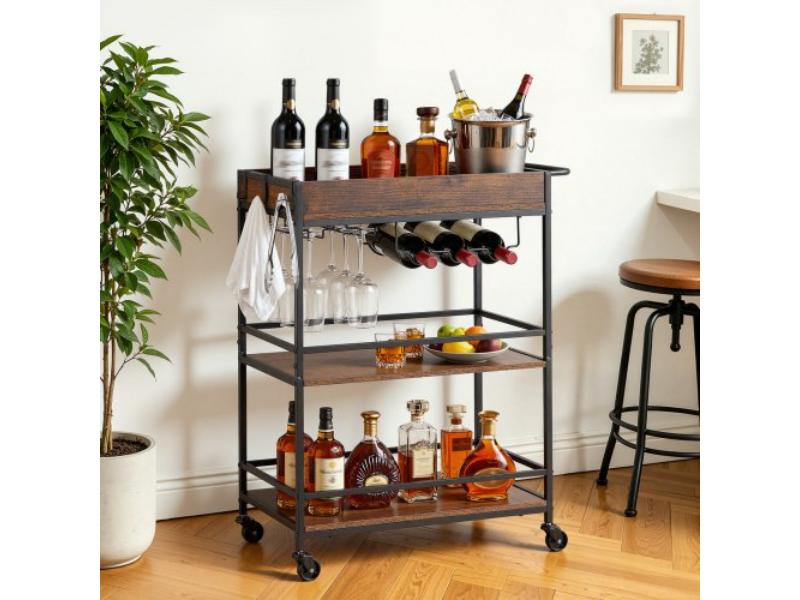 Bar Cart - 3 Tiers Kitchen Serving Carts - Rolling Utility Station - Mobile Drink Shelf with 26.77 x 14.17 x 32.68 in. Rustic Brown & Black