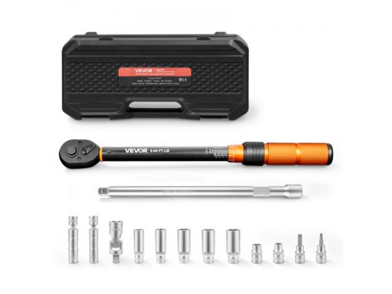 Torque Wrench - 0.37 in. Drive Click - Dual Scale 5-45 lbs-ft & 6.8-61.2 Nm. - 3 Percent Precision with Sockets - Bits - Joint Extension Case