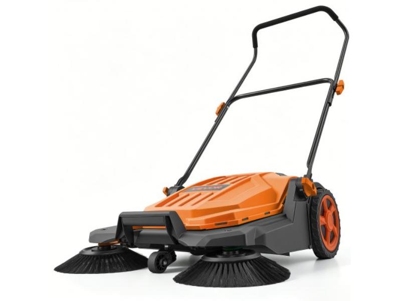 Walk-Behind Hand Push Floor Sweeper, Manual Floor Sweeper Non-Electric with 25.6" Sweeping Width, 5 Gallons Waste Container & Adjustable Folding Handle for Yards Walkways Patios Garages - Orange