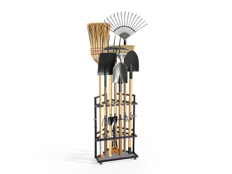 Garden Tool Organizer for Corner - 17 Slots Metal Garage Storage Rack for Rakes-Shovels-Brooms - Heavy-Duty Steel with Hooks, Black