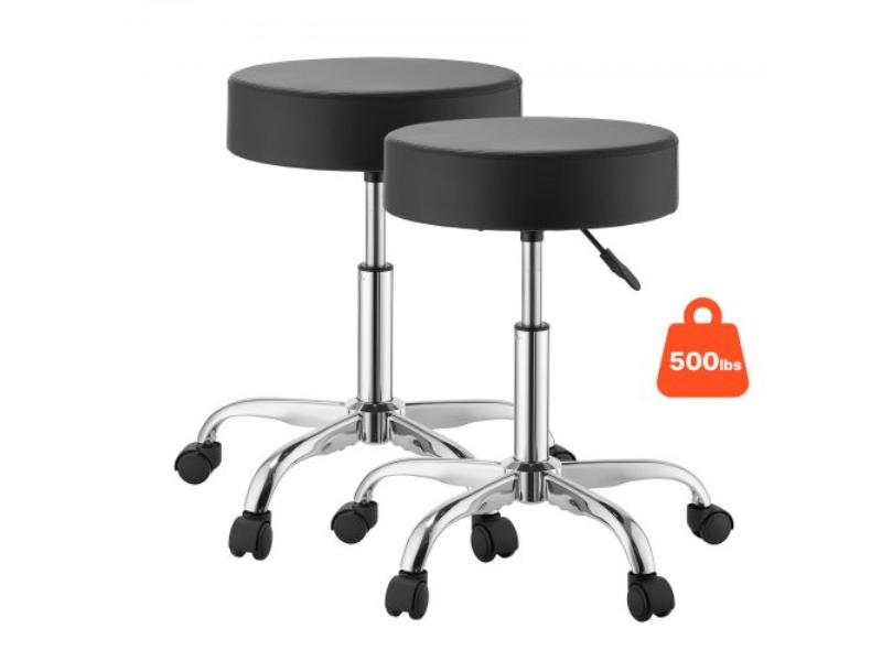 Rolling Stools with Wheels - Height Adjustable - 500 lbs Capacity - Thick Cushion Ergonomic PU Leather Seat - 360 Deg Swivel - Black - Pack of 2