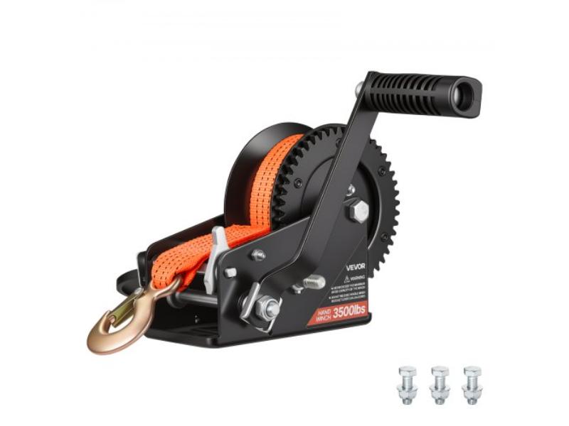 Boat Winch - 3500 lbs Hand Winch - Heavy Duty Manual Rope Crank with 20 ft. Orange Strap - Portable Two-Way Ratchet - Anti-Slip Handle